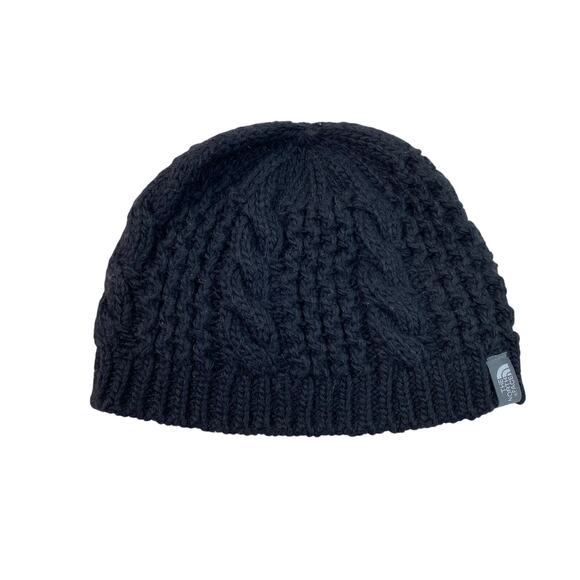 The North Face One Size Black Fleece Lined Cable Knit Acrylic Blend Beanie Hat - Picture 1 of 7